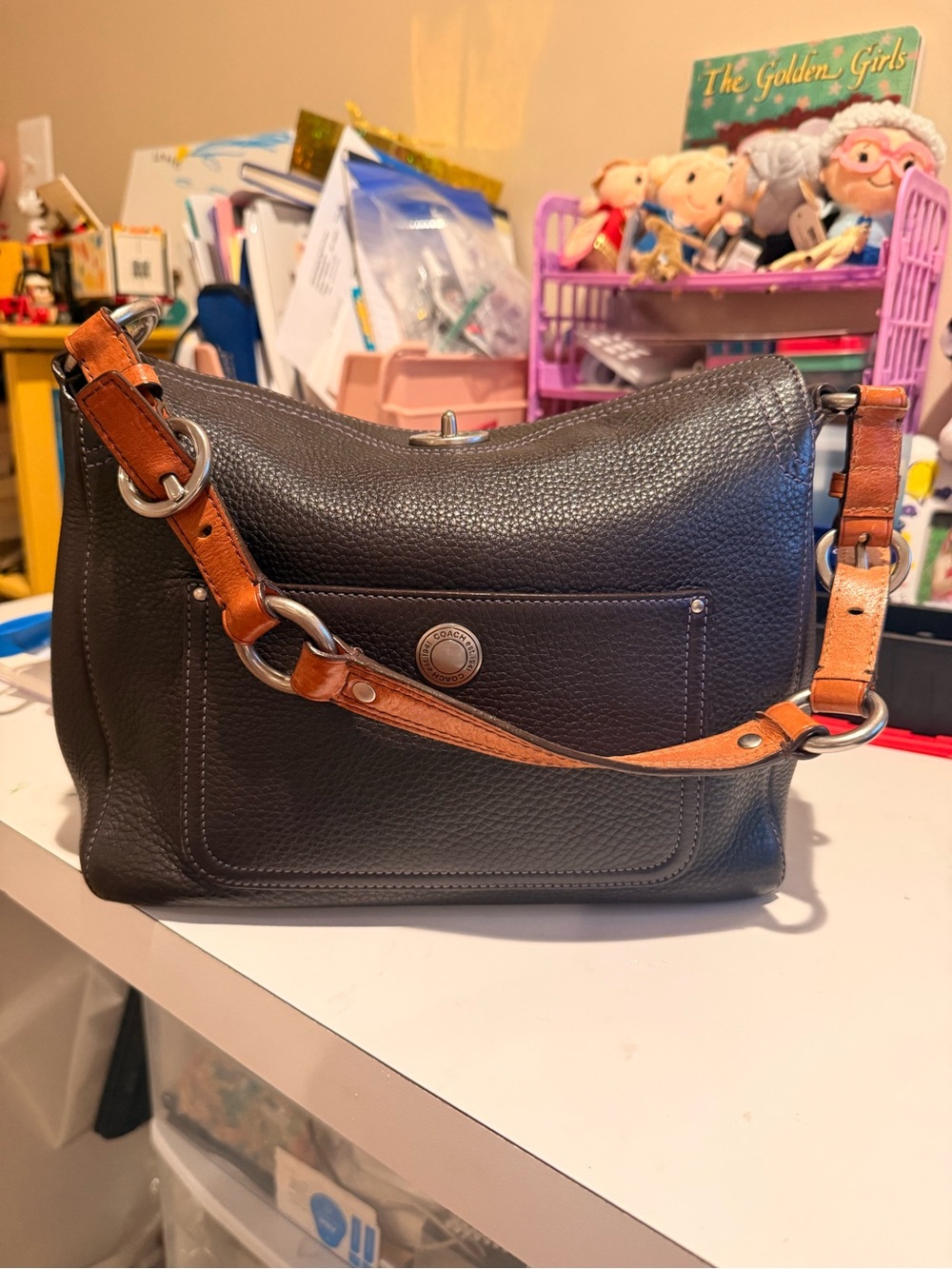 Coach Brown Leather Satchel with Purple Interior